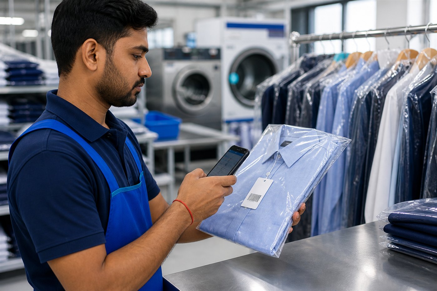 Laundry staff member scanning a barcode tag on a packaged garment